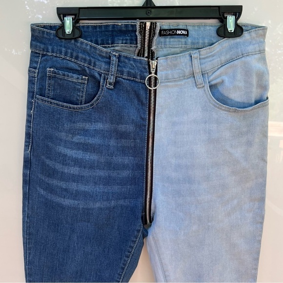 Fashion Nova Change The Panel Two Tone Skinny Jeans - Blue/Combo Full Zip Fly - Picture 5 of 15